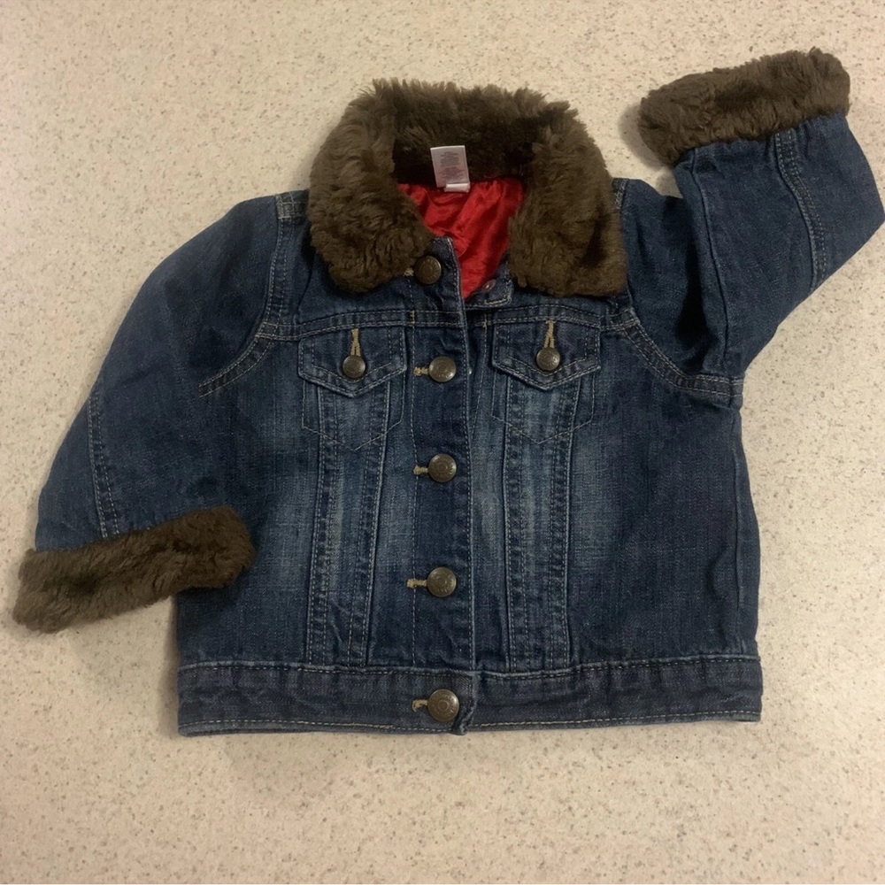 GAP Blue Denim Jacket with Brown Faux Fur
